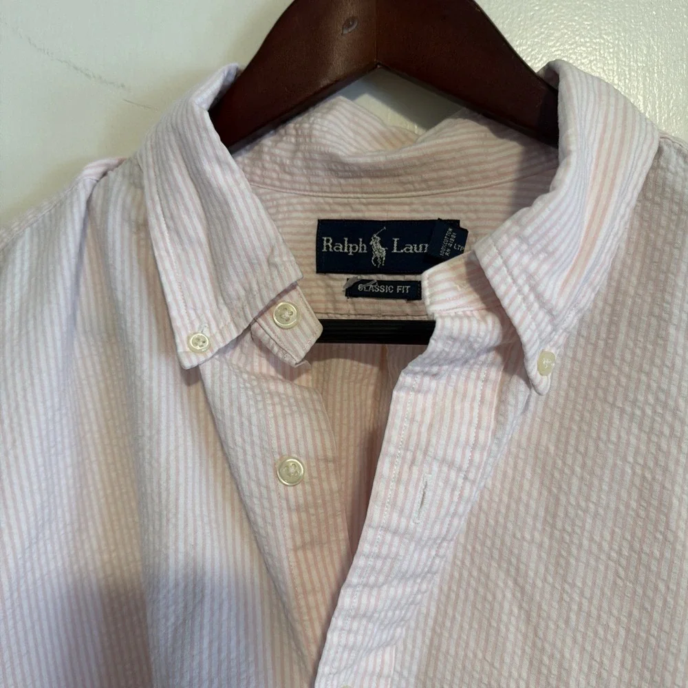 Ralph Lauren Mens XL Shirt Seersucker Striped Short Sleeve Button Down Pink